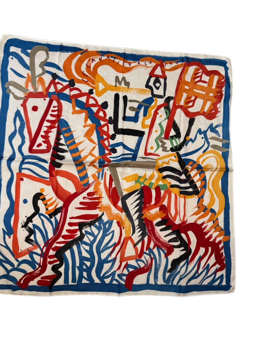 Designer-style 90cm Silk Scarf with Painterly Motif - Blue